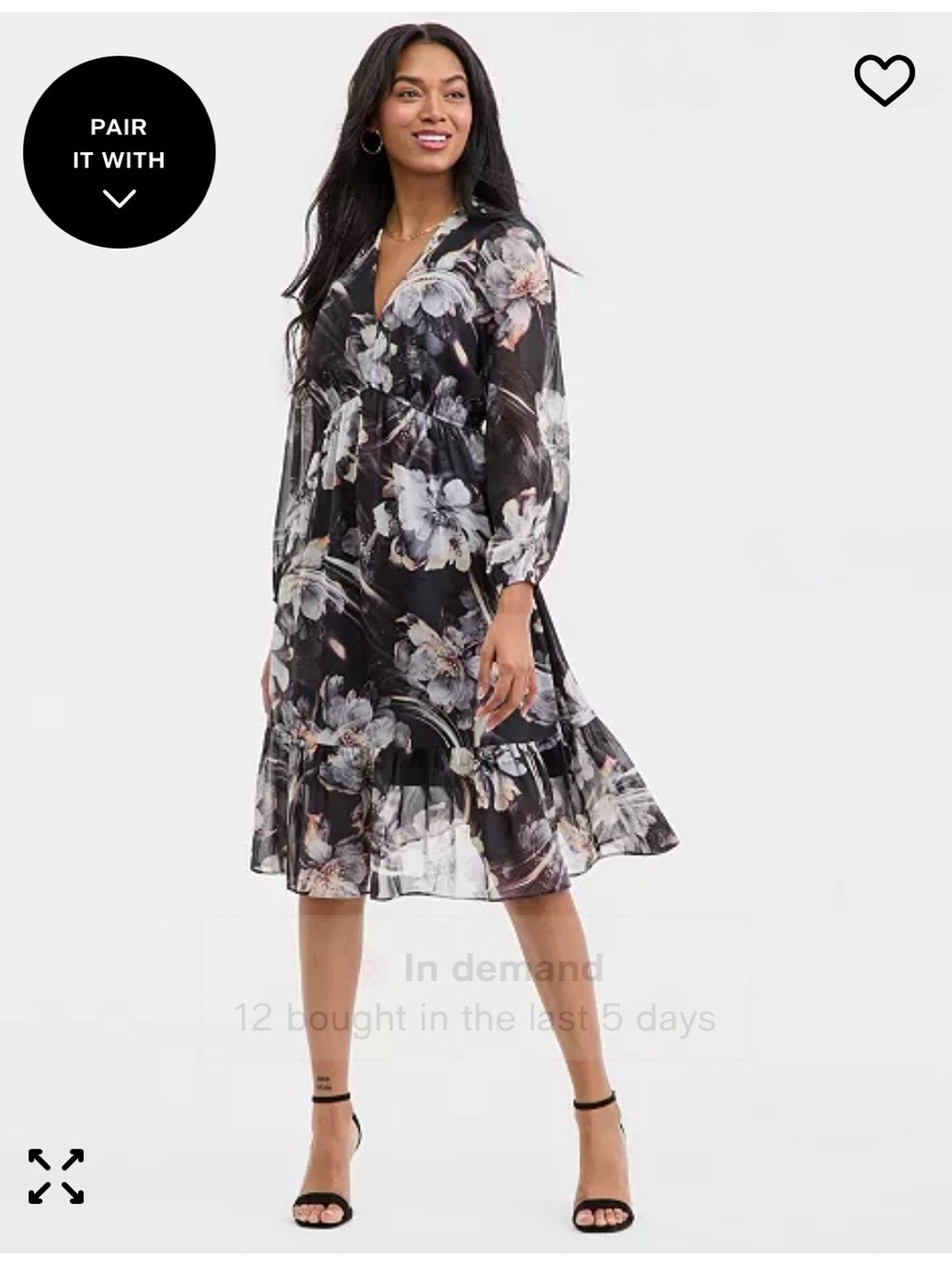 Robbie Bee Black Floral V-Neck Midi Dress